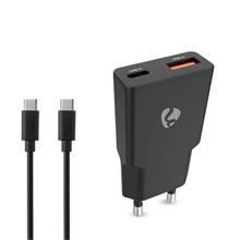 Nedis WCHA20BKUC - Síťová nabíječka | 20 W | GaN | PD3.0 | Funkce rychlého nabíjení | 2 výstupy | USB-A / USB-C | Černá